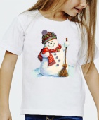 Новогодняя футболка "Снеговик с метлой" детская с принтом на сайте mosmayka.ru