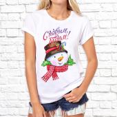 Новогодняя футболка "Снеговик в шарфе" женская с принтом на сайте mosmayka.ru