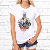 Новогодняя футболка "Снегирь" женская с принтом на сайте mosmayka.ru