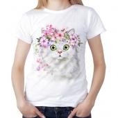 Женская футболка "Котик в цветах" с принтом на сайте mosmayka.ru