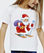 Новогодняя футболка "Дед мороз на лыжах" детская с принтом