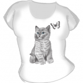 Женская футболка "Кошка с бабочкой" с принтом на сайте mosmayka.ru
