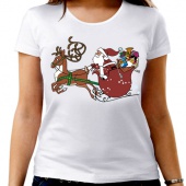 Новогодняя футболка "Дед мороз на санях" женская с принтом на сайте mosmayka.ru