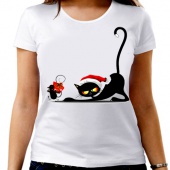 Новогодняя футболка "Кошка с мышкой" женская с принтом