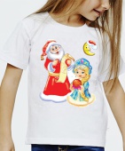 Новогодняя футболка "Дед Мороз и снегурочка" детская с принтом на сайте mosmayka.ru