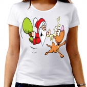Новогодняя футболка "Олень и дед мороз 1" женская с принтом
