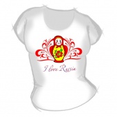 Женская футболка "Люблю Россию" с принтом на сайте mosmayka.ru