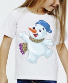 Новогодняя футболка "Снеговик в шарфе1" детская с принтом на сайте mosmayka.ru