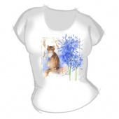 Женская футболка "Цветы и кошка" с принтом на сайте mosmayka.ru