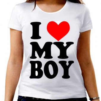 Парная футболка "Я люблю своего мальчика" женская с принтом на сайте mosmayka.ru