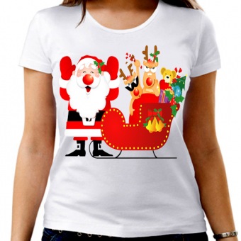 Новогодняя футболка "Дед мороз и сани" женская с принтом на сайте mosmayka.ru