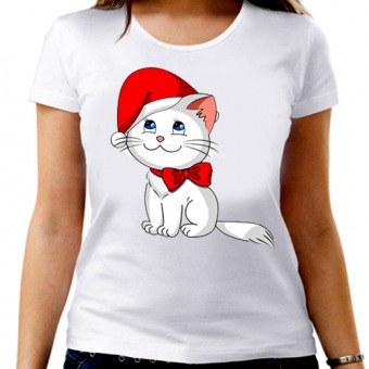 Новогодняя футболка "Новогодний котёнок" женская с принтом на сайте mosmayka.ru