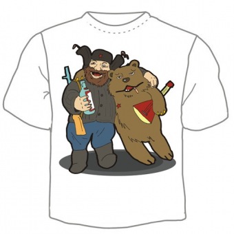 Мужская футболка "Мишка и охотник" с принтом на сайте mosmayka.ru