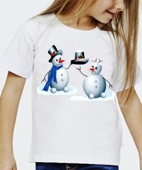Новогодняя футболка "Пара снеговиков" детская с принтом на сайте mosmayka.ru