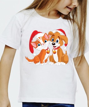 Новогодняя футболка "Щенок и котёнок"детская с принтом на сайте mosmayka.ru