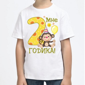 Детская футболка "Мне два годика с обезьянкой" с принтом на сайте mosmayka.ru