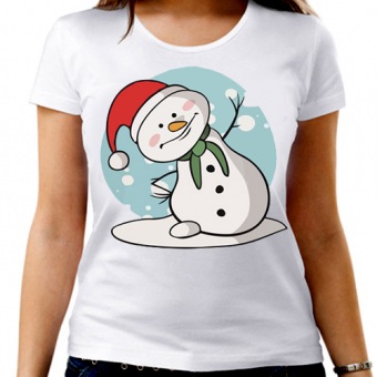 Новогодняя футболка "Снеговик 1" женская с принтом на сайте mosmayka.ru
